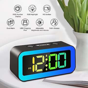 Colorful Nightlight LED Digital Alarm Clock with Super Loud Dual alarm, Weekday mode, Snooze, Dimmer...