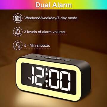 Colorful Nightlight LED Digital Alarm Clock with Super Loud Dual alarm, Weekday mode, Snooze, Dimmer, USB Charging Port for Livingroom, Bedroom, Bedside, Heavy Sleeper, Adult, Kid, Teens, gift, Black