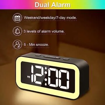 Colorful Nightlight LED Digital Alarm Clock with Super Loud Dual alarm, Weekday mode, Snooze, Dimmer, USB Charging Port for Livingroom, Bedroom, Bedside, Heavy Sleeper, Adult, Kid, Teens, gift, Black