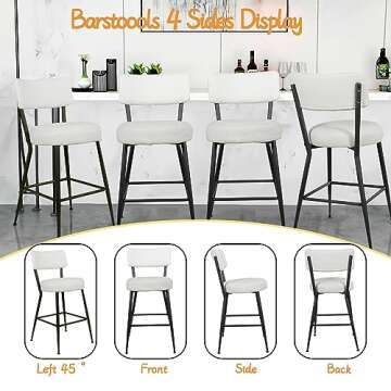 Sucrever 24” Boucle Bar Stools Set of 2, Counter Height Bar Stools with Back, Sherpa Barstools with Black Metal Legs/Footrest, Cream White Boucle Bar Chairs Bar Stools for Kitchen Island, Dining Room