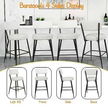 Sucrever 24” Boucle Bar Stools Set of 2, Counter Height Bar Stools with Back, Sherpa Barstools with Black Metal Legs/Footrest, Cream White Boucle Bar Chairs Bar Stools for Kitchen Island, Dining Room
