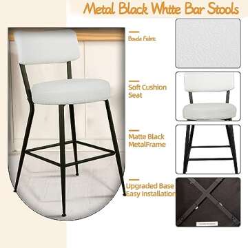 Sucrever 24” Boucle Bar Stools Set of 2, Counter Height Bar Stools with Back, Sherpa Barstools with Black Metal Legs/Footrest, Cream White Boucle Bar Chairs Bar Stools for Kitchen Island, Dining Room