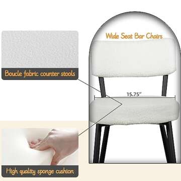 Sucrever 24” Boucle Bar Stools Set of 2, Counter Height Bar Stools with Back, Sherpa Barstools with Black Metal Legs/Footrest, Cream White Boucle Bar Chairs Bar Stools for Kitchen Island, Dining Room