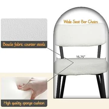 Sucrever 24” Boucle Bar Stools Set of 2, Counter Height Bar Stools with Back, Sherpa Barstools with Black Metal Legs/Footrest, Cream White Boucle Bar Chairs Bar Stools for Kitchen Island, Dining Room