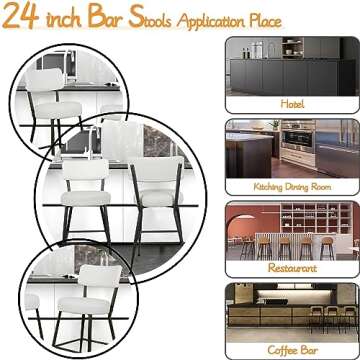 Sucrever 24” Boucle Bar Stools Set of 2, Counter Height Bar Stools with Back, Sherpa Barstools with Black Metal Legs/Footrest, Cream White Boucle Bar Chairs Bar Stools for Kitchen Island, Dining Room