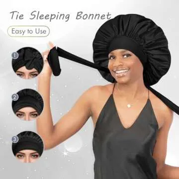BONNET QUEEN Extra Large Silk Bonnet for Sleeping Women Satin Bonnet Hair Bonnet Night Sleep Cap Scarf Wrap for Curly Hair with Tie Band Black
