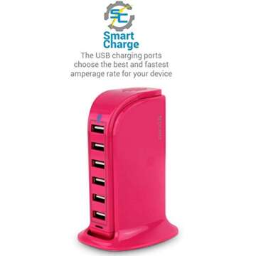Aduro 40W 6-Port USB Desktop Charging Station HubWall Charger for iPhone iPad Tablets Smartphones with Smart Flow (Pink)