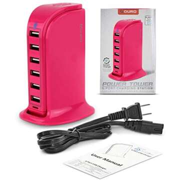 Aduro 40W 6-Port USB Desktop Charging Station HubWall Charger for iPhone iPad Tablets Smartphones with Smart Flow (Pink)