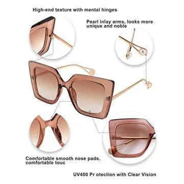 FEISEDY Sunglasses Womens Trendy, Oversized Square Shades, Pearl Inlay Cat Eye Frame UV400 Protection B2625,Champagne/Gradient Tea