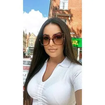 FEISEDY Sunglasses Womens Trendy, Oversized Square Shades, Pearl Inlay Cat Eye Frame UV400 Protection B2625,Champagne/Gradient Tea