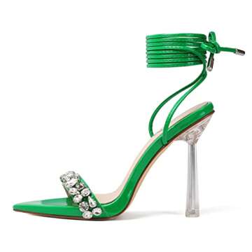 Vivianly Strappy Stiletto Clear High Heels Rhinestone Lace Up Heeled Sandals Pointed Toe Pumps for W...
