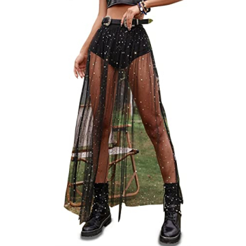 Rave Outfits for Women 2 in 1 Sheer Skirt Festival Clubwear Mesh High Waist Print A Line Maxi Skirt ...