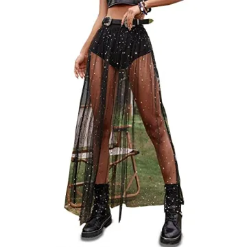 Rave Outfits for Women 2 in 1 Sheer Skirt Festival Clubwear Mesh High Waist Print A Line Maxi Skirt ...