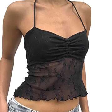 Y2K Women Halter Crop Top Sexy See-Through Lace Floral Patchwork Backless Top Summer Cami Tank Tops ...