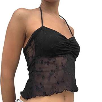 Y2K Women Halter Crop Top Sexy See-Through Lace Floral Patchwork Backless Top Summer Cami Tank Tops for Teen Girls (Black, S)
