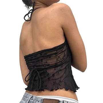 Y2K Women Halter Crop Top Sexy See-Through Lace Floral Patchwork Backless Top Summer Cami Tank Tops for Teen Girls (Black, S)