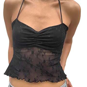 Y2K Women Halter Crop Top Sexy See-Through Lace Floral Patchwork Backless Top Summer Cami Tank Tops for Teen Girls (Black, S)