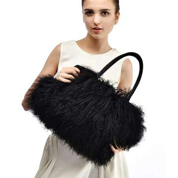 FINILUO Women Luxury Real Lamb Mongolian Flush Wool Fur With Genuine Leather Handles Handbag Black