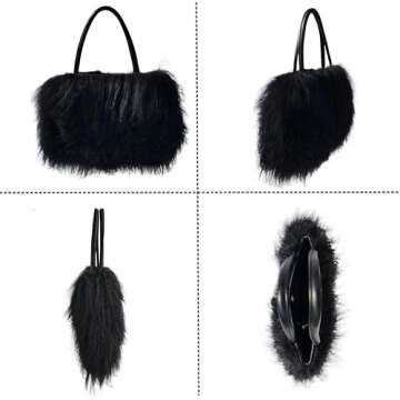 FINILUO Women Luxury Real Lamb Mongolian Flush Wool Fur With Genuine Leather Handles Handbag Black