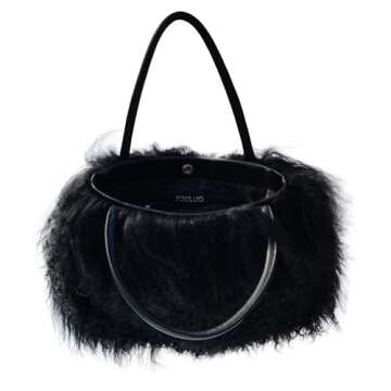 FINILUO Women Luxury Real Lamb Mongolian Flush Wool Fur With Genuine Leather Handles Handbag Black