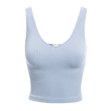 Design by Olivia Women's Four-Way Stretch V-Neck Ribbed Seamless Crop Top - Made in USA Cashmere Blu...