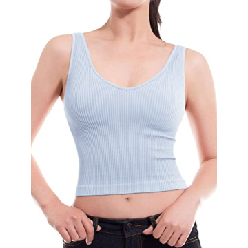 Four-Way Stretch V-Neck Ribbed Crop Top - USA Made Cashmere Blue