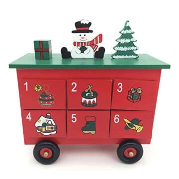 Christmas Wooden Advent Calendar Train with Hand Painted Patterns and 24 Drawers to Fill Candy or Small Gifts Christmas Tabletop Decoration 24 Inch (Traditional Christams-Large Train)