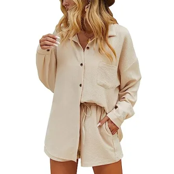 Ekouaer Women Pajama Sets 2 Piece Summer Lounge Sets Button Down Shirts and Casual Shorts with Pocke...