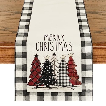 Artoid Mode Watercolor Buffalo Plaid Christmas Trees Table Runner - 13 x 72 Inch for Festive Dining