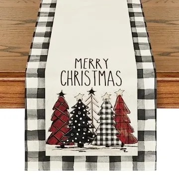 Artoid Mode Watercolor Buffalo Plaid Christmas Trees Table Runner - 13 x 72 Inch for Festive Dining