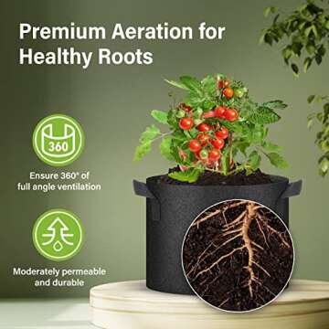 HealSmart Plant Grow Bags 10 Gallon, Tomoato Planter Pots 5-Pack with Handles, Aeration Nonwoven Fabric, Heavy Duty Gardening Planter for Vegetable, Herbs and Flowers, Black