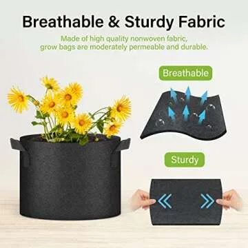 HealSmart Plant Grow Bags 10 Gallon, Tomoato Planter Pots 5-Pack with Handles, Aeration Nonwoven Fabric, Heavy Duty Gardening Planter for Vegetable, Herbs and Flowers, Black