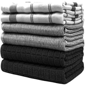 Premium Kitchen Towels (20”x 28”, 6 Pack) | Large Cotton Hand Towels | Flat & Terry Dish Towels | Highly Absorbent Tea Towels Set with Hanging Loop | Black Check