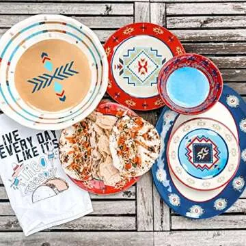 Paseo Road by HiEnd Accents Spirit Valley 14 Piece Melamine Plastic Dinnerware Set with Plates, Bowl...