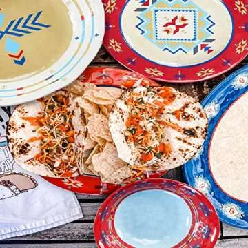 Paseo Road by HiEnd Accents Spirit Valley 14 Piece Melamine Plastic Dinnerware Set with Plates, Bowls and Serving Platter, Southwestern Rustic Cabin Lodge Aztec Style