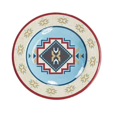 Paseo Road by HiEnd Accents Spirit Valley 14 Piece Melamine Plastic Dinnerware Set with Plates, Bowls and Serving Platter, Southwestern Rustic Cabin Lodge Aztec Style