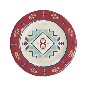 Paseo Road by HiEnd Accents Spirit Valley 14 Piece Melamine Plastic Dinnerware Set with Plates, Bowls and Serving Platter, Southwestern Rustic Cabin Lodge Aztec Style
