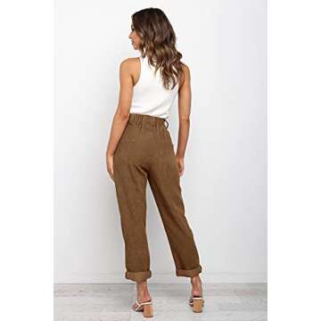 NIMIN Corduroy Pants for Women Fall High Waisted Work Pants with Pockets Loose Back Elastic Vintage Pants Dress Trousers Brown Small