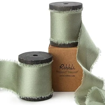 Ribbli Dusty Sage Green Silk Satin Ribbon 1.5 Inch x 12 Yard | Handmade Frayed Chiffon Ribbon for Gi...