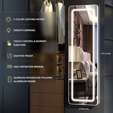 PRIMETEK 47"x15" LED Lighted Over The Door Hanging Mirror, Wall Mounted Full-Length Mirror with Lights for Bedroom, Bathroom, White