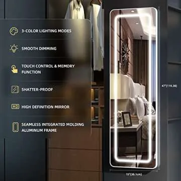 PRIMETEK 47"x15" LED Lighted Over The Door Hanging Mirror, Wall Mounted Full-Length Mirror with Lights for Bedroom, Bathroom, White