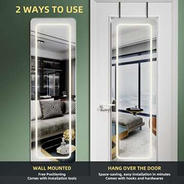 PRIMETEK 47"x15" LED Lighted Over The Door Hanging Mirror, Wall Mounted Full-Length Mirror with Lights for Bedroom, Bathroom, White