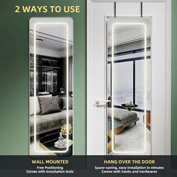 PRIMETEK 47"x15" LED Lighted Over The Door Hanging Mirror, Wall Mounted Full-Length Mirror with Lights for Bedroom, Bathroom, White