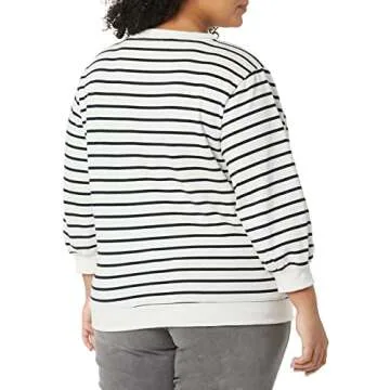 Amazon Essentials Women's French Terry Fleece Sleeve Detail Crewneck Sweatshirt, Black White Stripe, Small