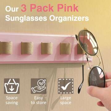 Durmmur 3 Pack Sunglass Organizer, Wall Mounted Sunglasses Organizer, Wooden Glasses Holder Sunglass Holder, Sunglasses Rack for Hanging Your Multiple Eyeglasses, for Wall, Home Decor(Pink)