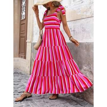 PRETTYGARDEN Women Dresses 2025 Summer Striped Sleeveless Maxi Dress Casual Spaghetti Strap Tiered Flowy Beach Long Dress(Striped Rose Red,Small)