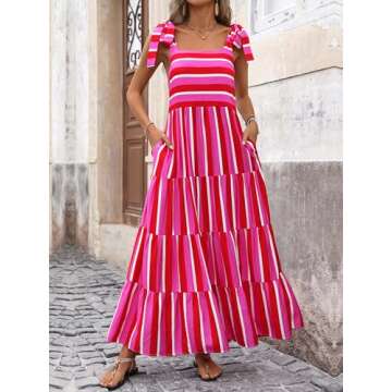 PRETTYGARDEN Women Dresses 2025 Summer Striped Sleeveless Maxi Dress Casual Spaghetti Strap Tiered Flowy Beach Long Dress(Striped Rose Red,Small)