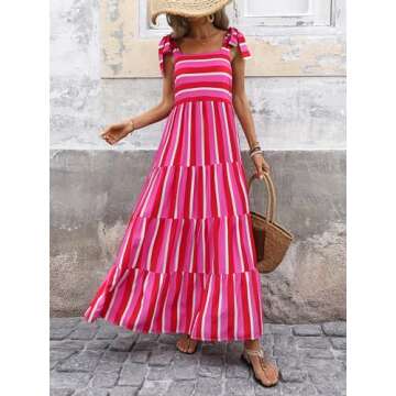 PRETTYGARDEN Women Dresses 2025 Summer Striped Sleeveless Maxi Dress Casual Spaghetti Strap Tiered Flowy Beach Long Dress(Striped Rose Red,Small)