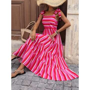 PRETTYGARDEN Women Dresses 2025 Summer Striped Sleeveless Maxi Dress Casual Spaghetti Strap Tiered Flowy Beach Long Dress(Striped Rose Red,Small)