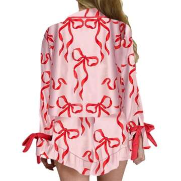 Fenghualzzniya Women Christmas Pajamas 2 Piece Matching Sets Bow Tie Shirt Ruffle Shorts Cute Santa ...